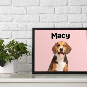 K&ouml;nnte beinhalten: Ein gerahmter Druck mit rosa Hintergrund, der eine Cartoon-Illustration eines Beagle-Hundes mit dem Namen "Macy" in schwarzem Text zeigt.