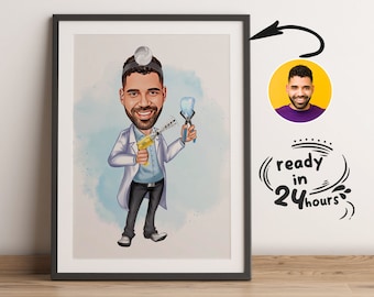 Custom Male Dentist Cartoon Portrait, Dentist Portrait, Gift for Dentist , Dentist Caricature, Caricature from Photo, Funny Dentist Drawing