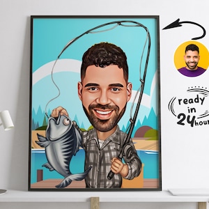 Ritratto di pescatore personalizzato, caricatura di pescatore, regalo di pescatore, caricatura di pescatore, ritratto di cartone animato, caricatura da foto