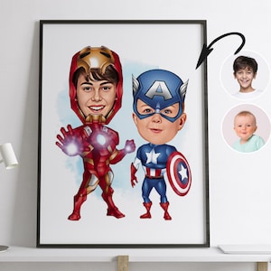 Retrato de dibujos animados de superhéroes personalizado, retrato de niños, regalo para niños, dibujos animados de superhéroes para niños, caricatura de superhéroe, caricatura de foto