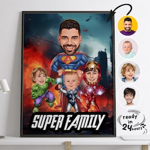 Benutzerdefinierte Super Dad und Kinder Cartoon Portrait, Superheld Karikatur, Super Dad Karikatur, Super Dad Portrait, Papas Geschenk, Vatertagsgeschenk