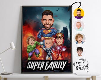 Custom Super Dad and Kids Cartoon Portrait, Superhero Caricature, Super Dad Caricature, Super Dad Portrait, Dad's Gift, Father's Day Gift