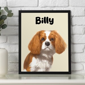 K&ouml;nnte beinhalten: Ein gerahmter Druck eines braunen und wei&szlig;en Cavalier King Charles Spaniel Hundes mit dem Namen "Billy" &uuml;ber dem Hund.