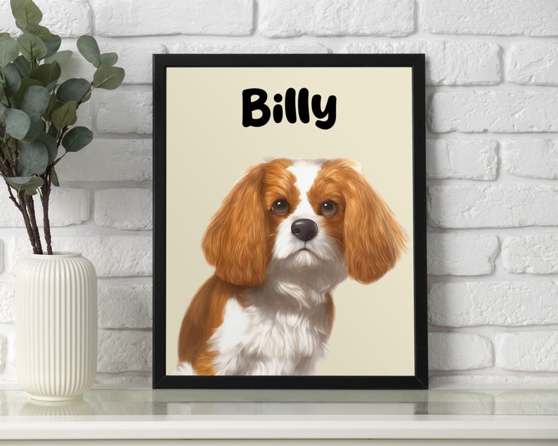 K&ouml;nnte beinhalten: Ein gerahmter Druck eines braunen und wei&szlig;en Cavalier King Charles Spaniel Hundes mit dem Namen "Billy" &uuml;ber dem Hund.