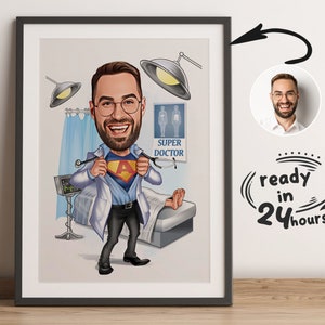 Niestandardowy portret Super Doktora z kreskówki, karykatura Doktora, prezent Doktora, zabawna kreskówka Doktora, portret Doktora, karykatura Doktora ze zdjęcia