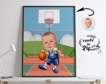 Custom Kids Basketball Cartoon Portrait, Basketball Portrait, Gift for Kids, Basketball Caricature, Basketball Player Caricature from Photo