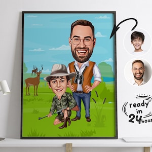 Custom Father and Son Hunter Cartoon Portrait, Gift for Hunter, Hunter Caricature, Father's Day Gift, Deer Hunter Cartoon, Funny Hunter Draw