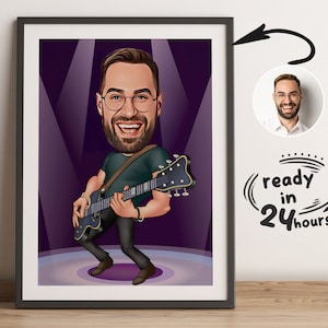 Aangepaste gitarist cartoonportret, portret gitarist, cadeau voor gitarist, karikatuur gitarist, aangepaste cartoon, karikatuur van foto