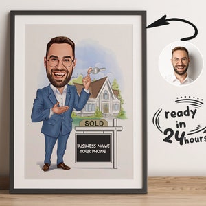 Retrato de desenho animado personalizado de corretor de imóveis, caricatura de corretor de imóveis, presente de corretor de imóveis, desenho animado imobiliário, retrato de corretor de imóveis, caricatura de corretor de imóveis a partir de foto