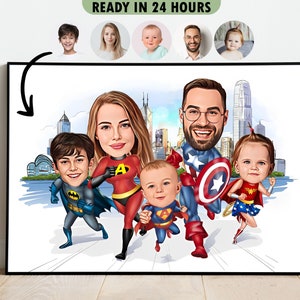 Benutzerdefiniertes Superhelden-Familien-Karikaturporträt, Familienporträt, Familiengeschenk, Superfamilien-Karikatur, Superheld-Karikatur, Karikatur vom Foto