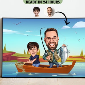 Custom Fisher Dad and Son Cartoon Portrait, Fisher Dad Portrait, Dad's Gift, Fisher Dad Caricature, Fisher Cartoon, Caricature from Photo