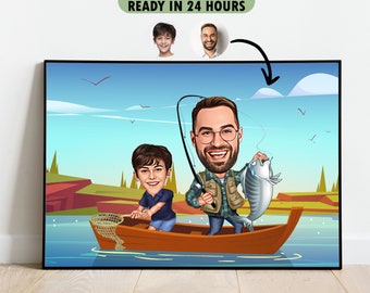 Custom Fisher Dad and Son Cartoon Portrait, Fisher Dad Portrait, Dad's Gift, Fisher Dad Caricature, Fisher Cartoon, Caricature from Photo