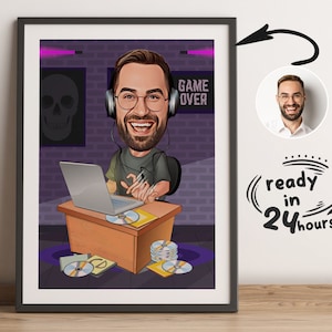 Retrato de jugador personalizado, caricatura de jugador, regalo para jugador, caricatura de jugador, regalo divertido de jugador, caricatura personalizada a partir de foto, regalo de jugador