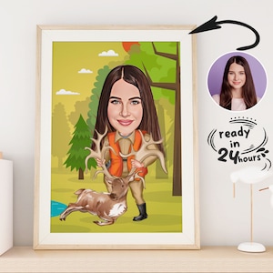 Personalized Woman Hunter Cartoon Portrait, Hunter Portrait, Hunter Gift, Hunter Caricature, Hunter Cartoon Drawing, Caricature from Photo