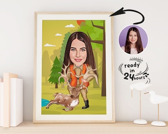 Personalized Woman Hunter Cartoon Portrait, Hunter Portrait, Hunter Gift, Hunter Caricature, Hunter Cartoon Drawing, Caricature from Photo