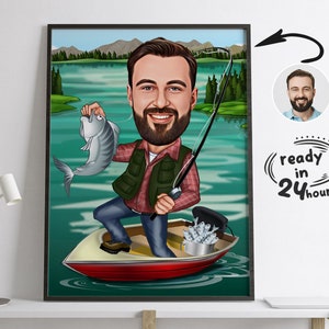 Custom Fisherman Cartoon Portrait, Gift for Fisher, Fisherman Caricature, Fisher Cartoon, Custom Caricature, Fisher Caricature from Photo