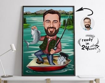 Custom Fisherman Cartoon Portrait, Gift for Fisher, Fisherman Caricature, Fisher Cartoon, Custom Caricature, Fisher Caricature from Photo