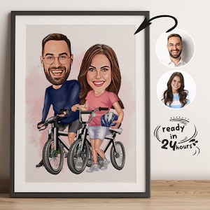 カスタムサイクリストカップルの漫画ポートレート、カップルポートレート、カップルギフト、カップル似顔絵、家族ポートレート、バイカー似顔絵、記念日ギフト