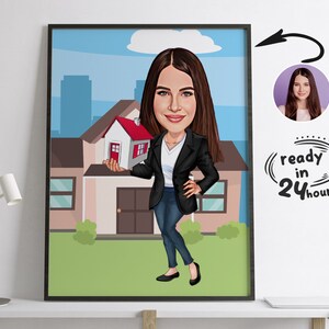 Retrato de caricatura de agente inmobiliario personalizado, retrato de agente inmobiliario, regalo para agente inmobiliario, dibujo de caricatura de agente inmobiliario femenino, caricatura de agente inmobiliario a partir de foto