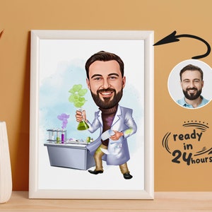 Könnte beinhalten: Eine Karikatur einer Person, die einen weißen Laborkittel trägt und ein Becherglas hält. Die Person hat einen Bart und lächelt. Der Hintergrund ist im Aquarellstil mit einem Labortisch und Bechergläsern. Der Text "fertig in 24 Stunden" befindet sich in der unteren rechten Ecke des Bildes.