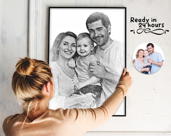 Retrato personalizado a partir de una foto, estilo lápiz de carboncillo, regalo para la familia, pintura a partir de una foto, regalo personalizado, dibujo digital.