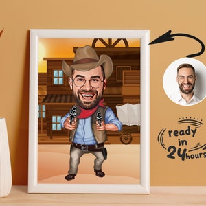 Custom Cowboy Cartoon Portrait, Cowboy Caricature, Cowboy Gift, Cowboy Cartoon, Cowboy Caricature from Photo, Funny Cowboy Caricature