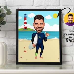 Benutzerdefiniertes Surfer-Karikaturporträt, Surfer-Porträt, Surfer-Geschenke, Surfer-Karikatur, benutzerdefinierte Karikatur, Karikatur vom Foto, Surfer-Karikatur
