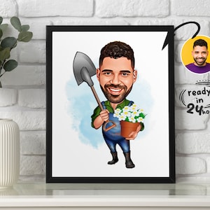 Retrato de jardinero personalizado, caricatura de jardinero, regalo de jardinero, caricatura de jardinero, caricatura de jardinero a partir de una foto, regalo divertido de jardinero