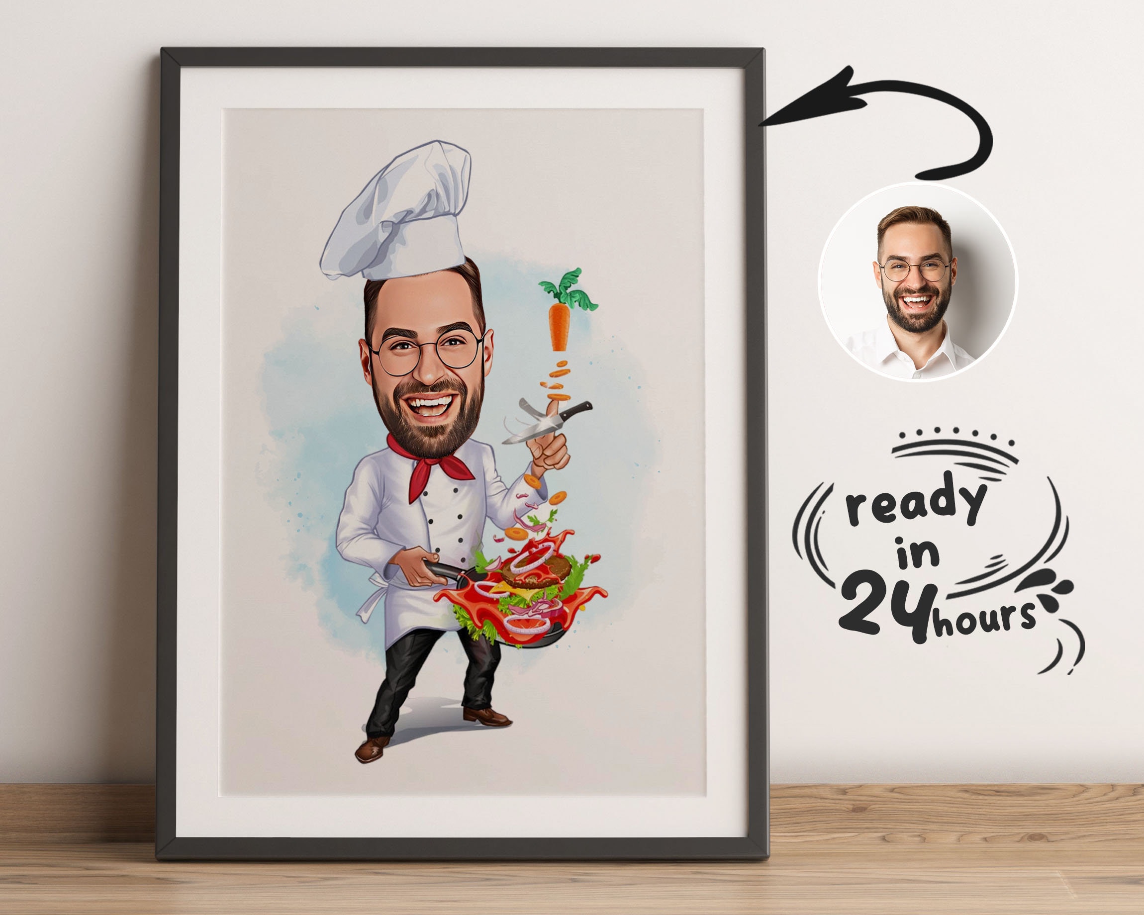 Custom Male Chef Cartoon Portrait, Chef Caricature, Gift for Chef , Chef Cartoon, Funny Chef Gift, Custom Caricature from Photo, Chef Gift