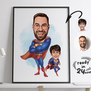 Niestandardowy portret Super Taty i Dzieci z kreskówki, karykatura Superbohatera, karykatura Super Taty, portret Super Taty, prezent dla taty, prezent na Dzień Ojca