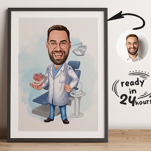 Niestandardowy męski dentysta kreskówka portret, portret dentysty, prezent dla dentysty, karykatura dentysty, karykatura ze zdjęcia, zabawny rysunek dentysty
