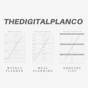 May include: A printable planner with three sections: Weekly Planner, Meal Planning, and Grocery List. Each section has a grid layout with lines for writing.