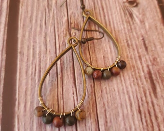 Boho Jasper Teardrop Earrings, Wire Wrapped, Bronze, Silver, or Rose Gold Finish