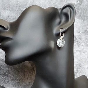 Dainty hammered disc leverback earrings, available in various metals