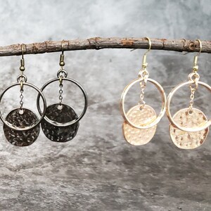 Eclipse hoop and hammered dangle earrings in rose gold, yellow gold, silver or gunmetal