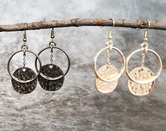 Eclipse hoop and hammered dangle earrings in rose gold, yellow gold, silver or gunmetal
