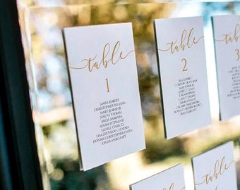 Golden elegant wedding seating chart template with a modern calligraphy for self printing, Fully editable on Templett, 4x6, Holly