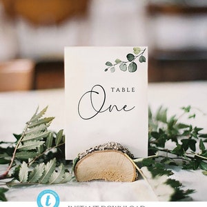 table numbers card greenery, wedding table number elegant, Printable table greenery Template, seating chart, 100% editable, 5x7, 4x6, Monica
