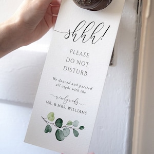 Door Hanger Greenery Template, Wedding Welcome Letter, Printable Door Knob Hanger Template, Hotel Door Tag, Eucalyptus Hanger, Monica