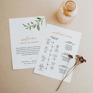May include: A wedding invitation suite with a watercolor leaf design. The invitation includes a welcome message for family and friends, and a wedding day timeline with icons for each event. The text includes the names Amanda and Michael and the date November 20, 2021.