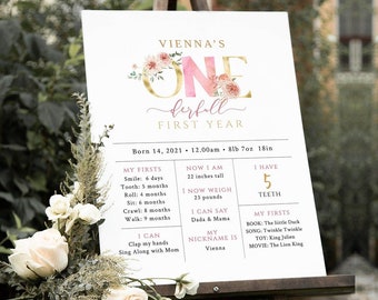 1st Birthday Milestone Sign, ONEderful Year, First Birthday Poster, Little Miss Onederful Milestone Board, Editable Baby Milestone