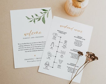 Greenery Wedding Program Templett, Simple Line Icons Editable Wedding Timeline Template, Printable Wedding Schedule, Welcome Bag Note