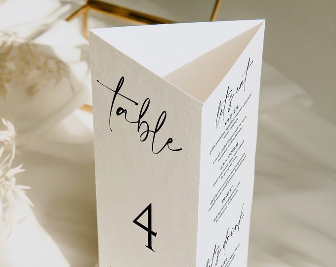 Trifold Table Menu Template, Modern Wedding Triangle Table Number ...