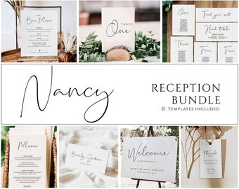 May include: A set of 21 printable wedding reception templates in a minimalist style with a handwritten font. The templates include a welcome sign, table numbers, a bar menu, a menu, place cards, and a thank you tag. The templates are designed in a neutral color palette with white backgrounds and black text.