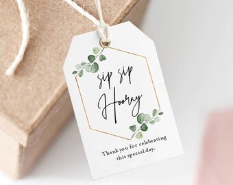 1,5"x2" sip sip hooray Tag greenery Template, Printable sip sip hooray Tags, Editable Wedding Favour Tag, shower gifts tag greenery