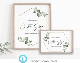 4x6 Custom Sign greenery geometric Template, 100% Editable Text, Create Unlimited Signs, Printable sign eucalyptus, shower sign