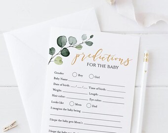 Baby Prediction Cards, editable Baby Predictions Template, greenery Baby Shower Predictions, Baby Shower Games greenery