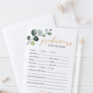 Baby Prediction Cards, editable Baby Predictions Template, greenery Baby Shower Predictions, Baby Shower Games greenery