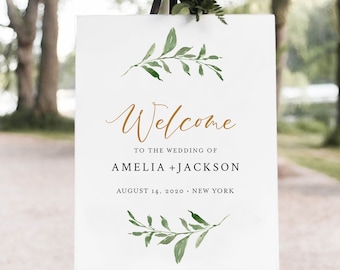 Greenery Welcome Sign printable, Editable Eucalyptus Welcome Sign, Welcome Calligraphy, Welcome To The Wedding, Landscape Welcome