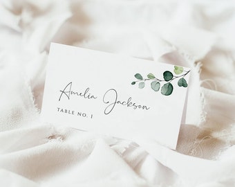 Place Card Template Greenery Table Wedding, Editable Place Cards Greenery, Escort Cards, Reserved Seating Cards Eucalyptus, Tent Card